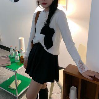 Lace Trim Mock-neck Henley Knit Top White - One Size