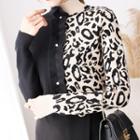 Leopard Panel Long-sleeve Knit Top Leopard - Black - One Size