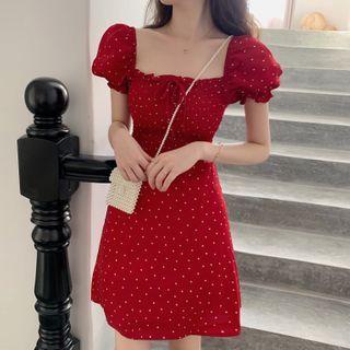 Puff-sleeve Dotted A-line Mini Dress