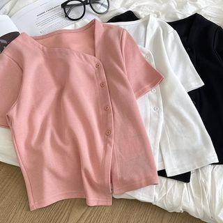 Short-sleeve V-neck Asymmetrical Plain Cropped T-shirt