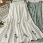 Elastic High-waist Embroidered Midi Skirt