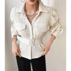 Collared Belted Cable-knit Cardigan Beige - One Size
