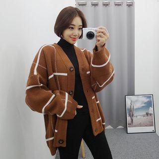 Checked Wool Blend Knit Cardigan