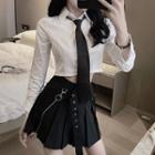 Crop Shirt With Necktie / Pleated Mini A-line Skirt With Chained Belt / Set