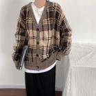 Plaid V-neck Knit Sweater Khaki - One Size