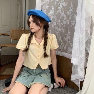 Short-sleeve Plain Button-up Cropped Top