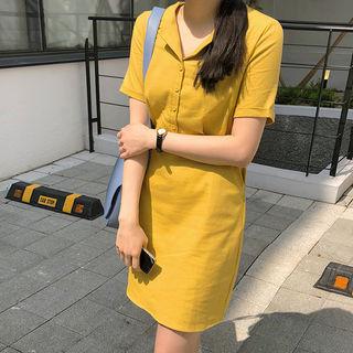 Open-placket Short-sleeve Colored Shirtdress