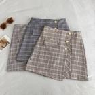 Plaid Button Mini Fitted Skirt