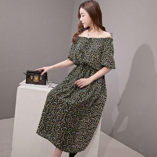 Short-sleeve Floral Off Shoulder A-line Midi Dress