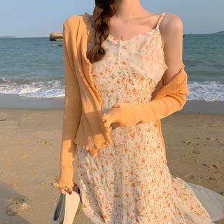Mesh Panel Floral Print Slipdress / Frill Plain Cardigan