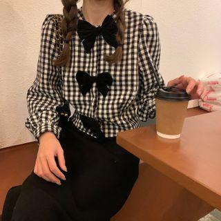 Bow Accent Plaid Shirt Black - One Size