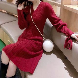 Long-sleeve Lace-up Knit A-line Dress