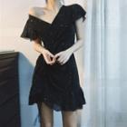 Short-sleeve Strappy High-waist V-neck Mini Dress