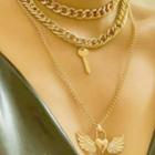 Heart Lock Key Pendant Layered Chain Necklace Gold - One Size