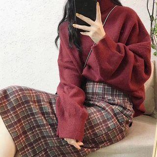 High-neck Sweater / Plaid Skirt -set Of 2
