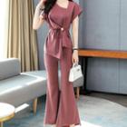 Set: Short-sleeve Wrap Blouse + Boot-cut Pants