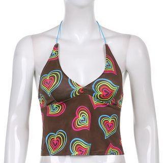 Heart Print Halter Camisole Top Love Heart - Khaki - One Size