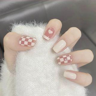 Heart Checker Faux Nail Tips Pd-159 - Pink & White - One Size