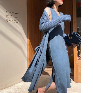 Set: Open Front Long Cardigan + Side-slit Sleeveless Midi Knit Dress