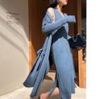 Set: Open Front Long Cardigan + Side-slit Sleeveless Midi Knit Dress