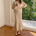 Set: Drop-shoulder Cable Knit Top + Mermaid Maxi Skirt Ivory - One Size
