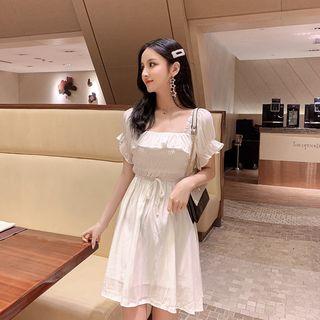 Puff-sleeve Plain Mini Dress