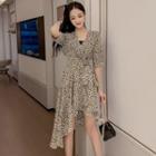 Elbow-sleeve Leopard Print High-low A-line Dress