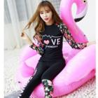 Set: Flower Print Long-sleeve Rash Guard + Swim Pants