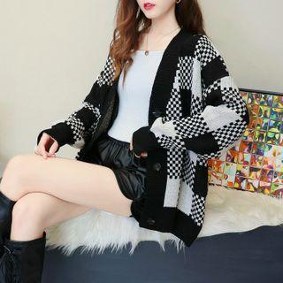 Checkerboard V-neck Cardigan Check - Black & White - One Size