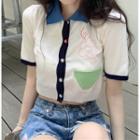 Short-sleeve Color-block Cropped Knit Top Top - One Size
