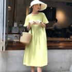 Short-sleeve Ribbon Bow A-line Dress Green - One Size