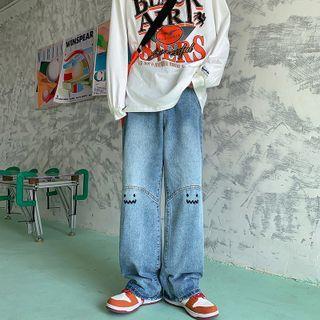 Smiley Face Embroidered Straight Leg Jeans