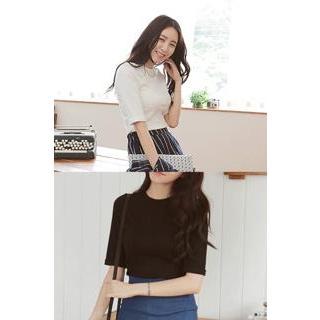 Elbow-sleeve Ribbed T-shirt