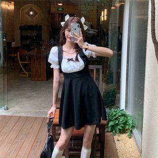 Lace Slim-fit Puff-sleeve Mini Dress Black - One Size