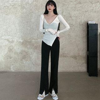 Long-sleeve V-neck Top / Slit Wide-leg Dress Pants