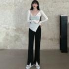 Long-sleeve V-neck Top / Slit Wide-leg Dress Pants