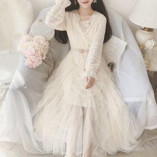 Lace Panel Long-sleeve Mesh Midi A-line Dress