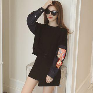 Printed Denim Panel Cable Knit Sweater