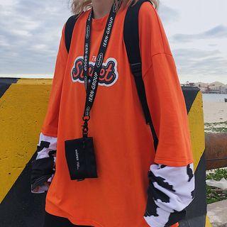 Mock Two-piece Long-sleeve Lettering T-shirt Tangerine Red - One Size