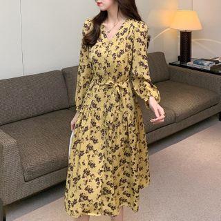 Long Sleeve Floral Print V-neck Chiffon Dress