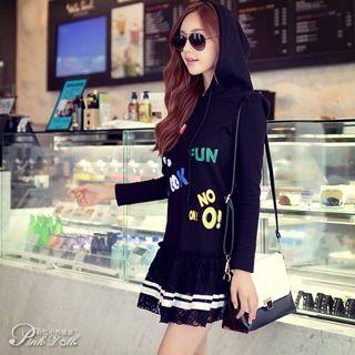 Long-sleeve Printed Lace Hem Hooded Dress