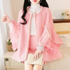Set: Long-sleeve Lace Faux Pearl Panel Furry Cape + High-waist Plain Skirt