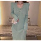 Plain Long-sleeve Knit Midi Sheath Dress
