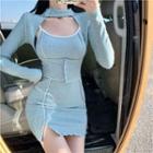 Set: Spaghetti Strap Mini Bodycon Dress + Choker-neck Cardigan Blue - One Size