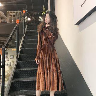 Long-sleeve Frilled Pleuche Midi A-line Dress