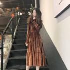 Long-sleeve Frilled Pleuche Midi A-line Dress