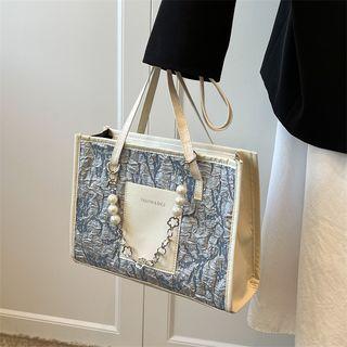 Faux Pearl Chained Shirred Tote Bag