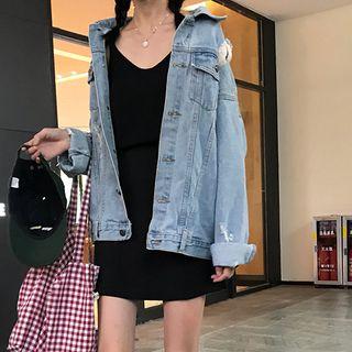 Ripped Denim Jacket Light Blue - One Size