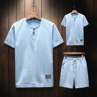 Set: Buttoned Short-sleeve T-shirt + Drawstring Shorts