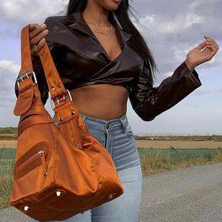 Faux Leather Tie-strap Cropped Blouse